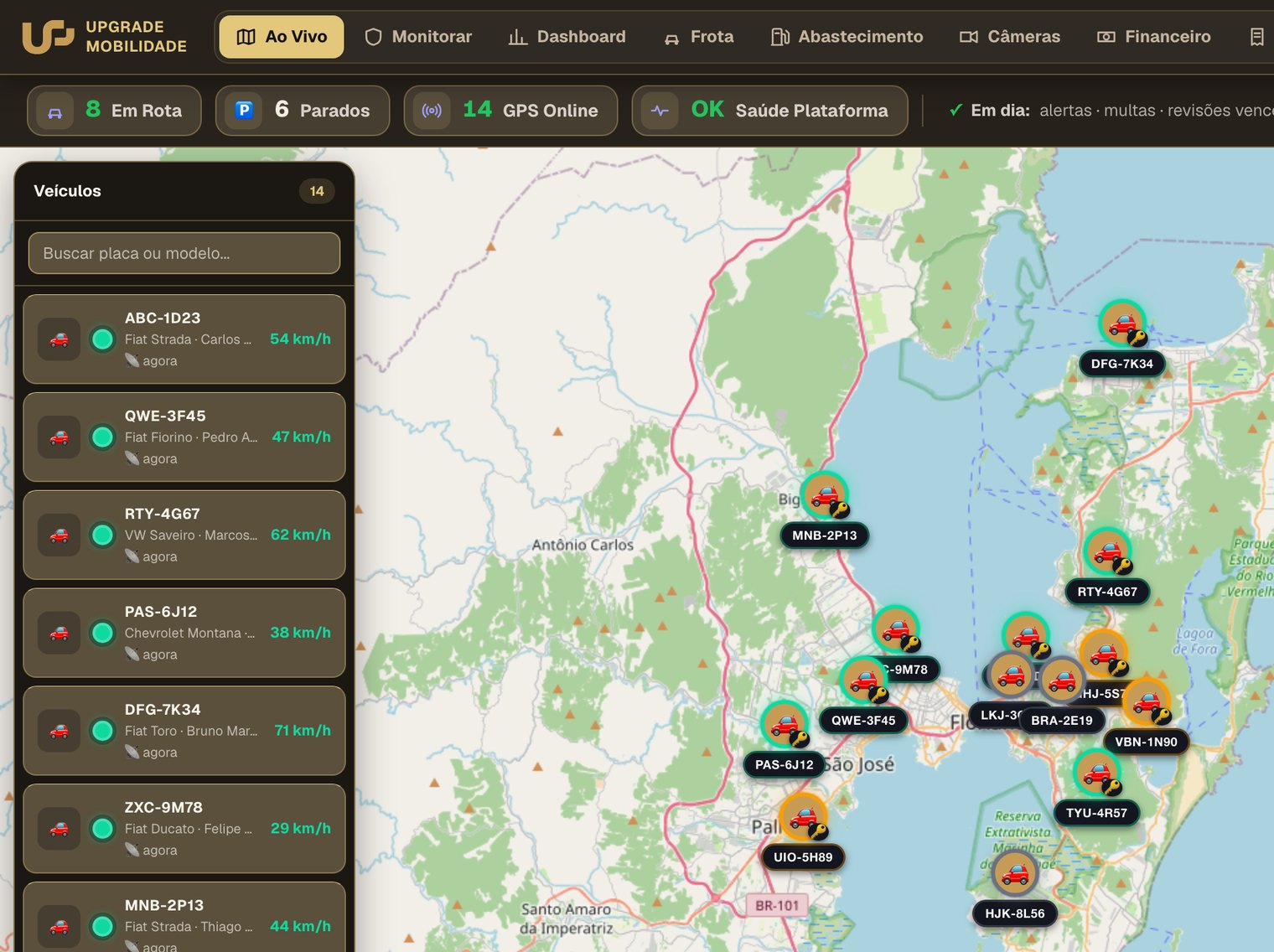 Tela Ao Vivo da plataforma Upgrade: lista de veículos com velocidade e motorista, e o mapa com a frota em tempo real